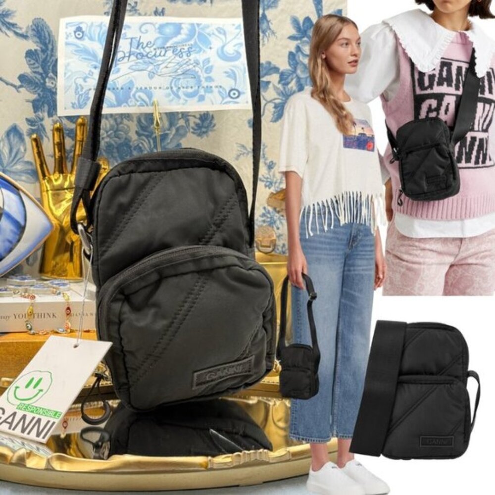 🆕 GANNI 🧿 NWT Mini Quilted Recycled Tech Black Nylon Crossbody Bag